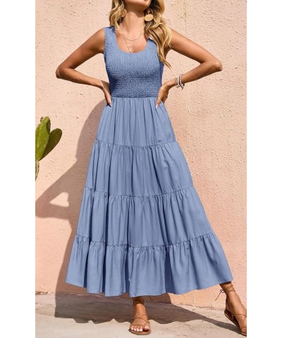 Women's 2024 Casual Loose Plain Maxi Sundress Smocked Tank Dress Sleeveless Summer Beach Tiered Long Dresses Grey Blue $23.96...