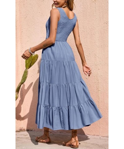 Women's 2024 Casual Loose Plain Maxi Sundress Smocked Tank Dress Sleeveless Summer Beach Tiered Long Dresses Grey Blue $23.96...