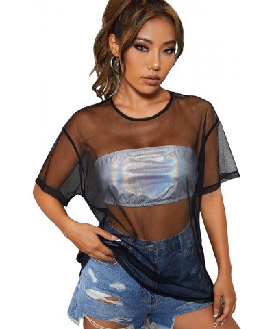 Women's Summer Short Sleeve Tops See Through Mesh Sheer Sexy T Shirt Blouse Black Sheer Mesh $12.99 Blouses