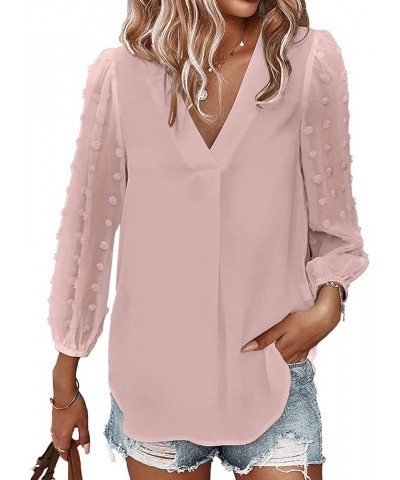 Women's Long Sleeve Pom Pom Top V Neck Pleated Shirts Casual Loose Chiffon Blouse 01 Pink $16.17 Blouses