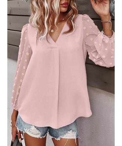 Women's Long Sleeve Pom Pom Top V Neck Pleated Shirts Casual Loose Chiffon Blouse 01 Pink $16.17 Blouses