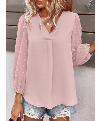 Women's Long Sleeve Pom Pom Top V Neck Pleated Shirts Casual Loose Chiffon Blouse 01 Pink $16.17 Blouses