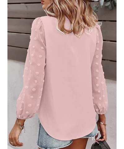 Women's Long Sleeve Pom Pom Top V Neck Pleated Shirts Casual Loose Chiffon Blouse 01 Pink $16.17 Blouses