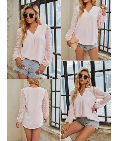 Women's Long Sleeve Pom Pom Top V Neck Pleated Shirts Casual Loose Chiffon Blouse 01 Pink $16.17 Blouses