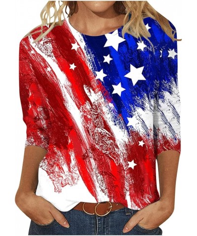 4th of July Shirts for Women 2023 Casual 3/4 Sleeve Crewneck Summer Tops USA Flag Patriotic Tshirt Star Stripes Blouse 08 Red...