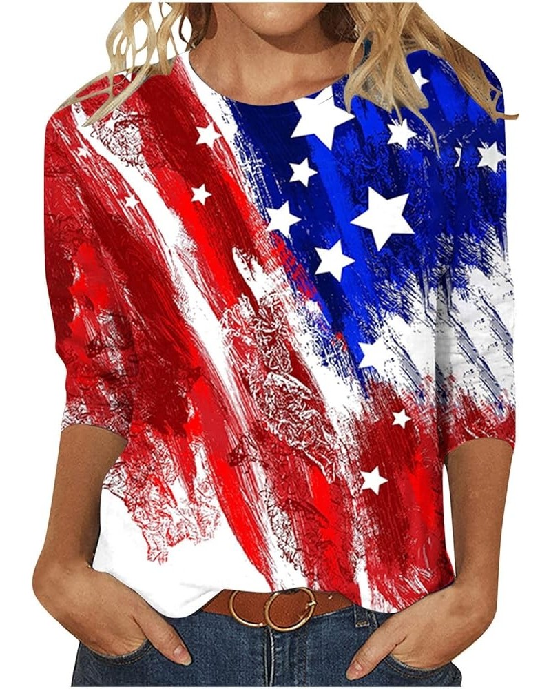 4th of July Shirts for Women 2023 Casual 3/4 Sleeve Crewneck Summer Tops USA Flag Patriotic Tshirt Star Stripes Blouse 08 Red...