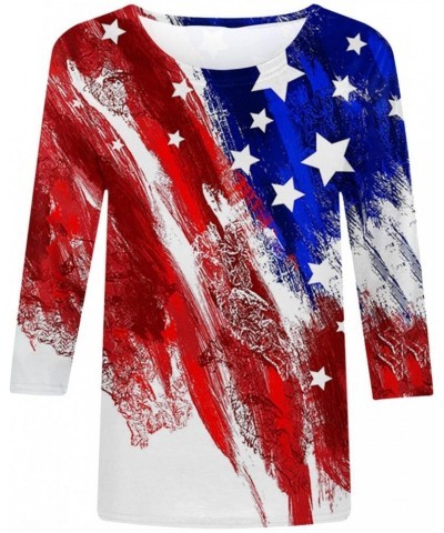 4th of July Shirts for Women 2023 Casual 3/4 Sleeve Crewneck Summer Tops USA Flag Patriotic Tshirt Star Stripes Blouse 08 Red...