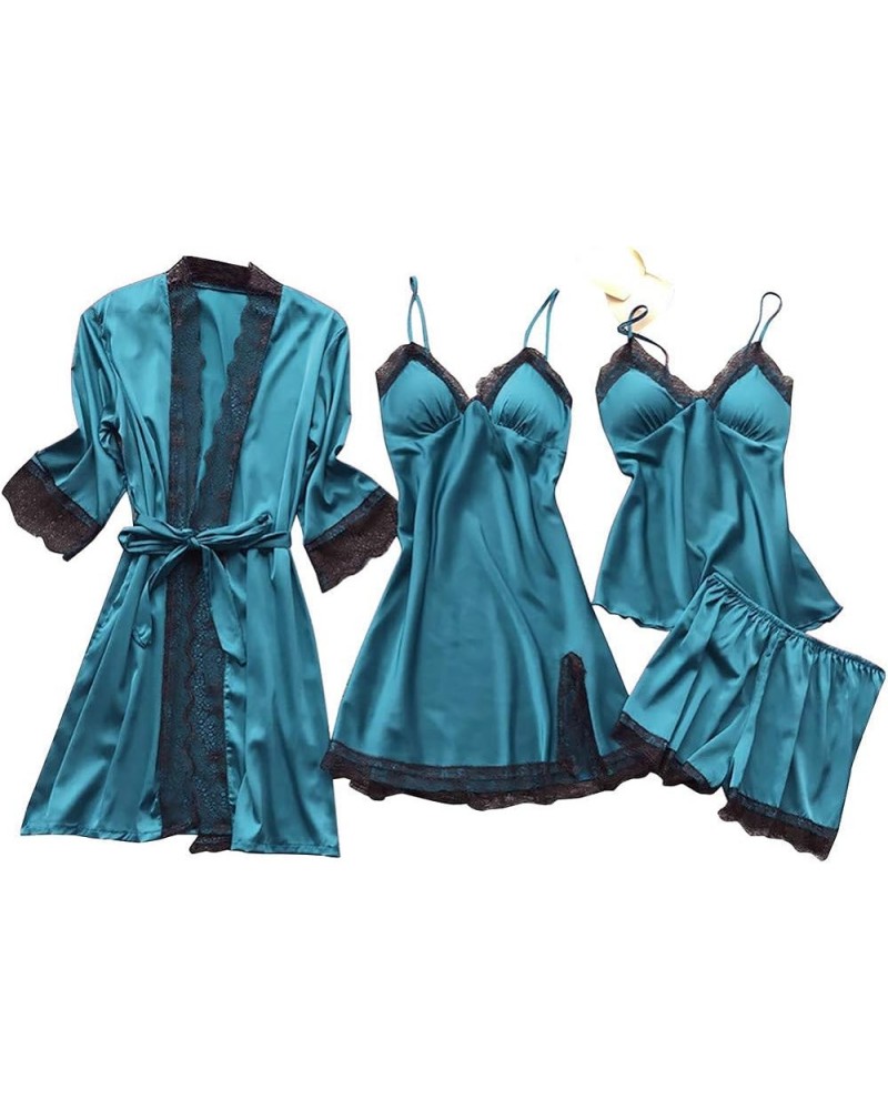 Womens 4PCS Silk Pajama Set Sexy Matching Satin Night Gowns Cute Lingerie Silky Sleepwear New Year Eve S-5XL Blue $11.69 Slee...