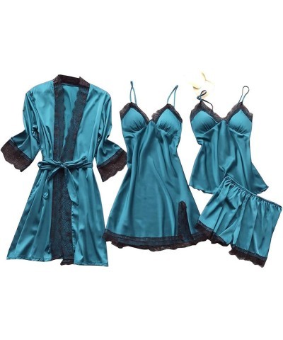 Womens 4PCS Silk Pajama Set Sexy Matching Satin Night Gowns Cute Lingerie Silky Sleepwear New Year Eve S-5XL Blue $11.69 Slee...