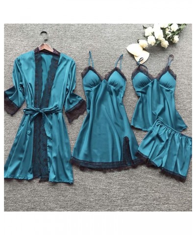 Womens 4PCS Silk Pajama Set Sexy Matching Satin Night Gowns Cute Lingerie Silky Sleepwear New Year Eve S-5XL Blue $11.69 Slee...