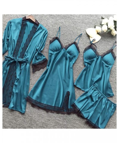 Womens 4PCS Silk Pajama Set Sexy Matching Satin Night Gowns Cute Lingerie Silky Sleepwear New Year Eve S-5XL Blue $11.69 Slee...