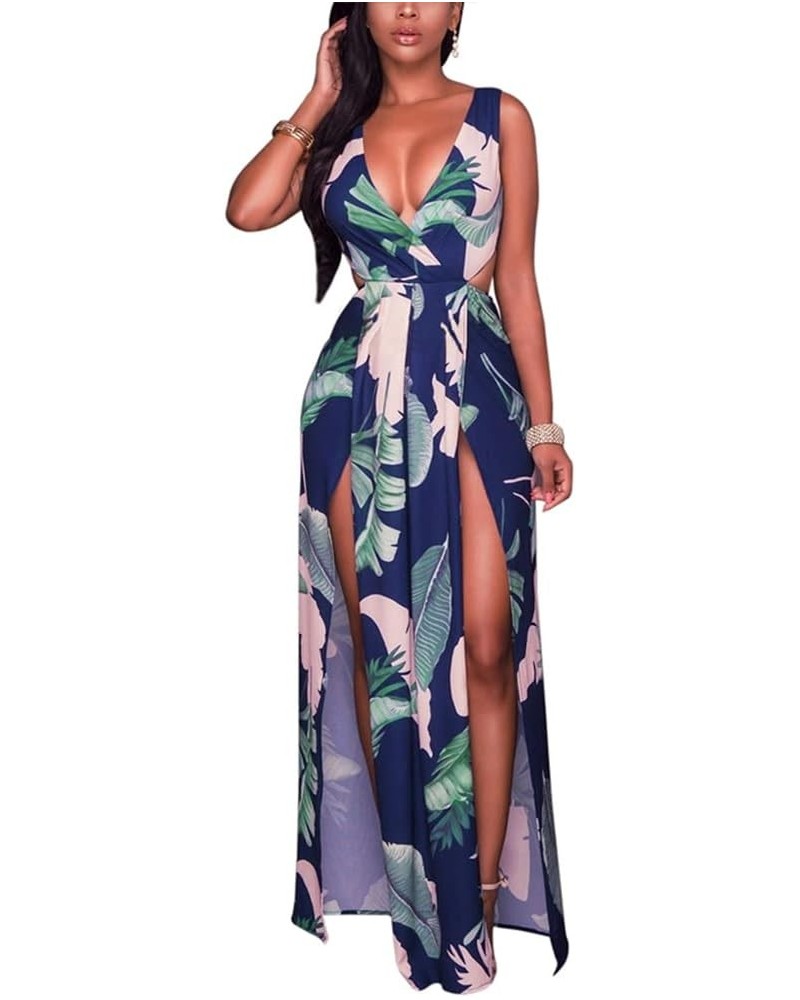 Dresses for Women Casual Summer Sexy Deep V Split Flower Print Maxi Dresses for Women F Blue $23.93 Dresses