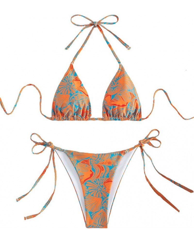 Women's Print Halter Tie Side Triangle Bikini Swimsuit Two Piece Bathing Suit Multi All Over $15.59 Swimsuits