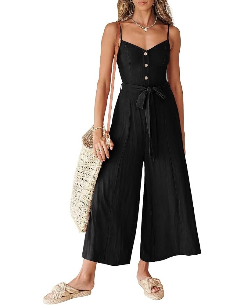 Women's Summer Spaghetti Straps V Neck Smocked Wide Leg Jumpsuits Rompers With Belt Black $20.70 Jumpsuits