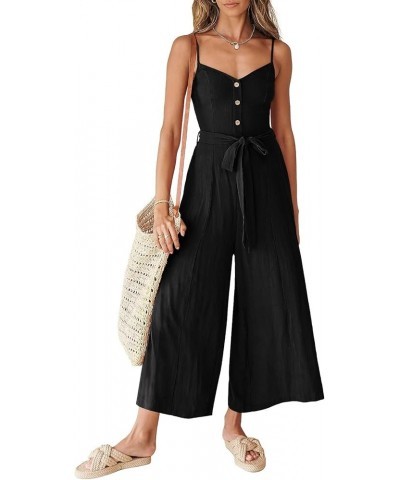 Women's Summer Spaghetti Straps V Neck Smocked Wide Leg Jumpsuits Rompers With Belt Black $20.70 Jumpsuits