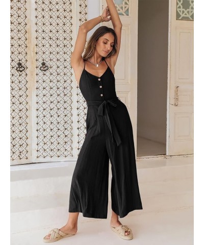 Women's Summer Spaghetti Straps V Neck Smocked Wide Leg Jumpsuits Rompers With Belt Black $20.70 Jumpsuits