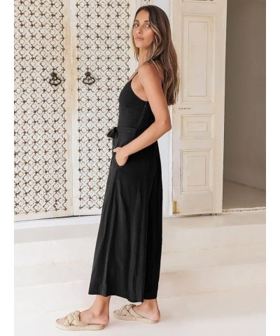 Women's Summer Spaghetti Straps V Neck Smocked Wide Leg Jumpsuits Rompers With Belt Black $20.70 Jumpsuits