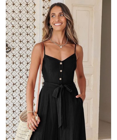 Women's Summer Spaghetti Straps V Neck Smocked Wide Leg Jumpsuits Rompers With Belt Black $20.70 Jumpsuits