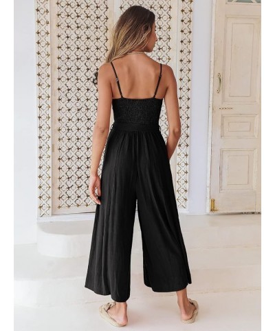 Women's Summer Spaghetti Straps V Neck Smocked Wide Leg Jumpsuits Rompers With Belt Black $20.70 Jumpsuits