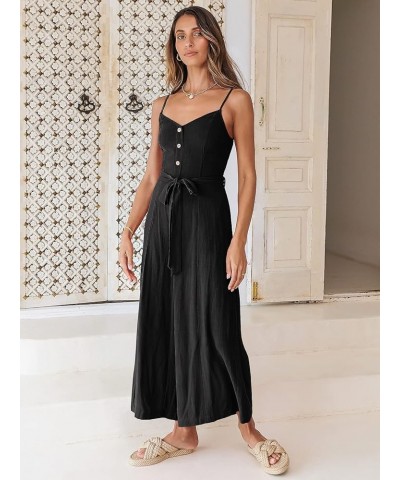 Women's Summer Spaghetti Straps V Neck Smocked Wide Leg Jumpsuits Rompers With Belt Black $20.70 Jumpsuits