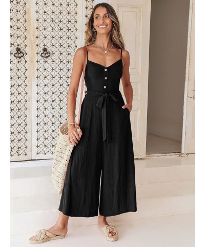 Women's Summer Spaghetti Straps V Neck Smocked Wide Leg Jumpsuits Rompers With Belt Black $20.70 Jumpsuits