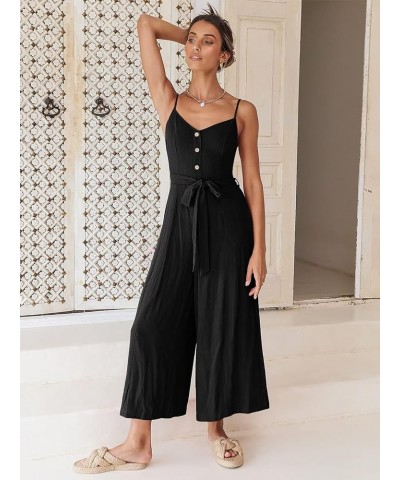 Women's Summer Spaghetti Straps V Neck Smocked Wide Leg Jumpsuits Rompers With Belt Black $20.70 Jumpsuits