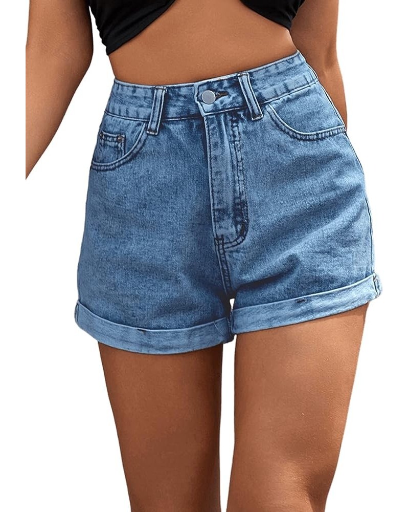 Women's High Rise Roll Up Hem Straight Leg Denim Jean Shorts with Pocket Medium Wash $24.59 Shorts