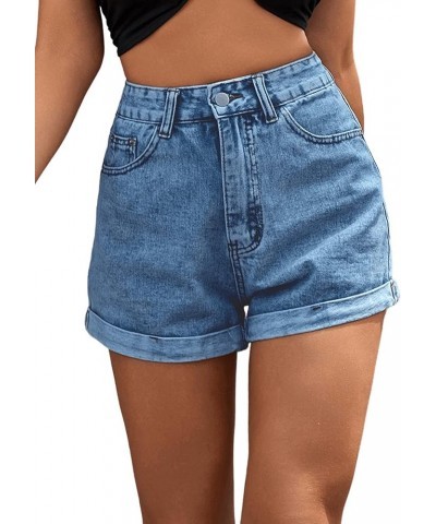 Women's High Rise Roll Up Hem Straight Leg Denim Jean Shorts with Pocket Medium Wash $24.59 Shorts