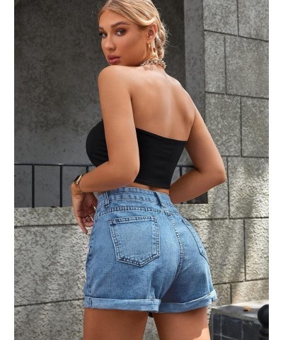 Women's High Rise Roll Up Hem Straight Leg Denim Jean Shorts with Pocket Medium Wash $24.59 Shorts