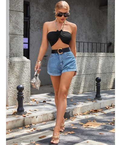 Women's High Rise Roll Up Hem Straight Leg Denim Jean Shorts with Pocket Medium Wash $24.59 Shorts