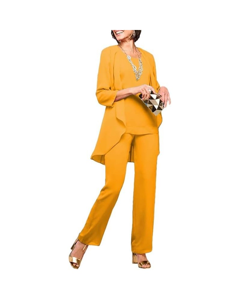 3Pcs Mother of The Bride Pants Suits for Wedding Long Chiffon Evening Gown with Jacket Formal Party Outfit Pants Suit Gold $5...