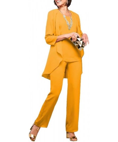 3Pcs Mother of The Bride Pants Suits for Wedding Long Chiffon Evening Gown with Jacket Formal Party Outfit Pants Suit Gold $5...