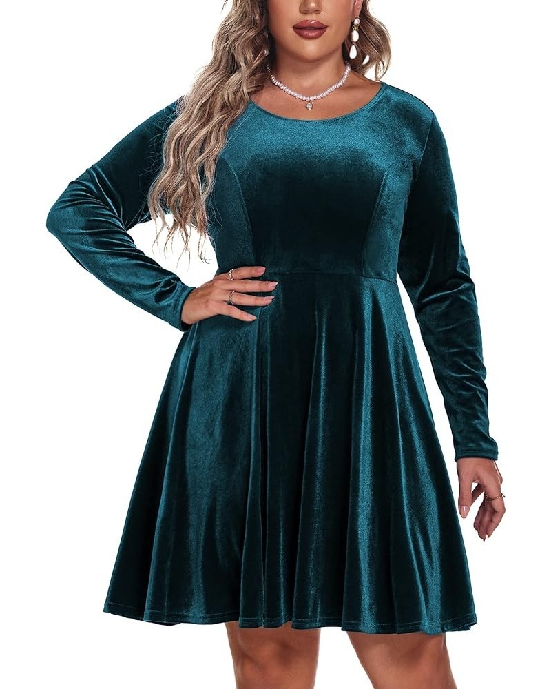 Women's Plus Size Velvet Dress A Line Long Sleeve Elegant Cocktail Party Midi Dresses Blue Green $28.08 Dresses