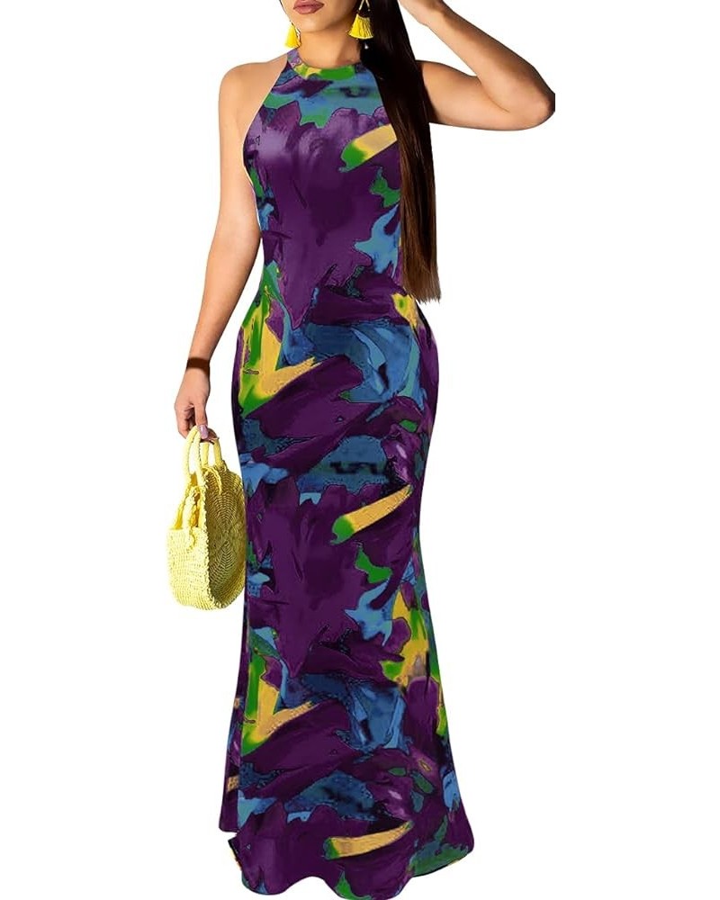 Womens Mermaid Long Maxi Dress - Sexy Sleeveless Sundress Halter Bodycon Cut Out Summer Dress Purple $14.62 Dresses