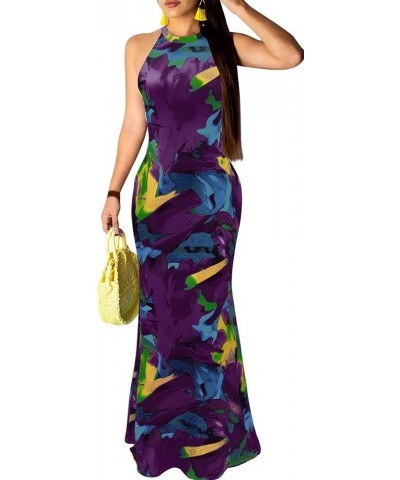 Womens Mermaid Long Maxi Dress - Sexy Sleeveless Sundress Halter Bodycon Cut Out Summer Dress Purple $14.62 Dresses