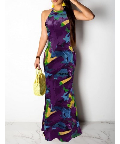 Womens Mermaid Long Maxi Dress - Sexy Sleeveless Sundress Halter Bodycon Cut Out Summer Dress Purple $14.62 Dresses