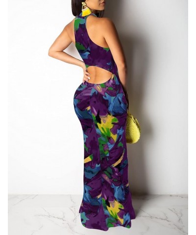 Womens Mermaid Long Maxi Dress - Sexy Sleeveless Sundress Halter Bodycon Cut Out Summer Dress Purple $14.62 Dresses