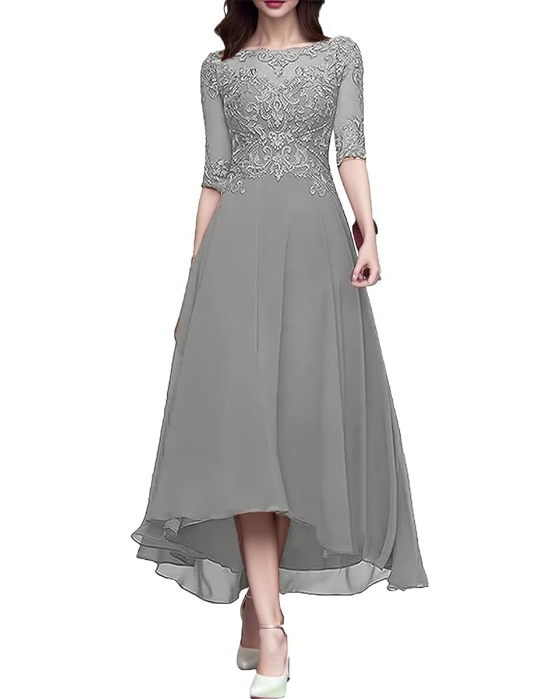 Women's A Line Tea Length Mother of The Bride Dresses with Sleeve Lace Applique Chiffon Formal Evening Gown Silver $30.75 Dre...