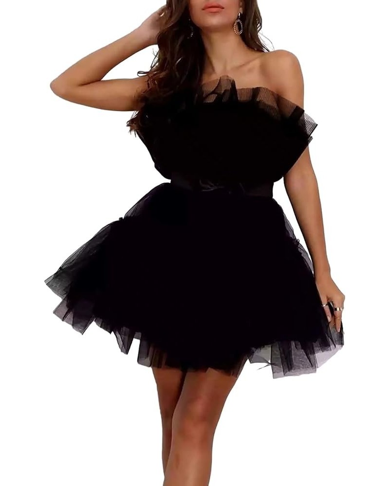 Women's Short Puffy Prom Dress Strapless Tulle Homecoming Dresses Mini Cocktail Party Poofy Tutu Gowns Black-lace Up $31.00 D...