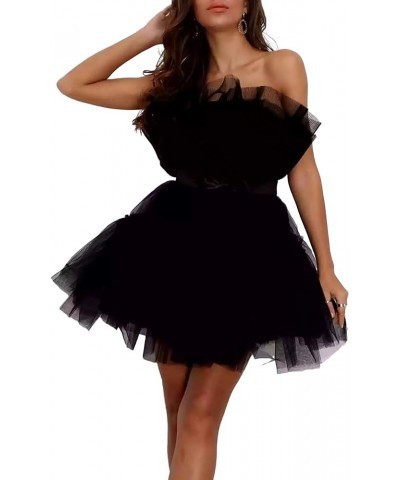 Women's Short Puffy Prom Dress Strapless Tulle Homecoming Dresses Mini Cocktail Party Poofy Tutu Gowns Black-lace Up $31.00 D...