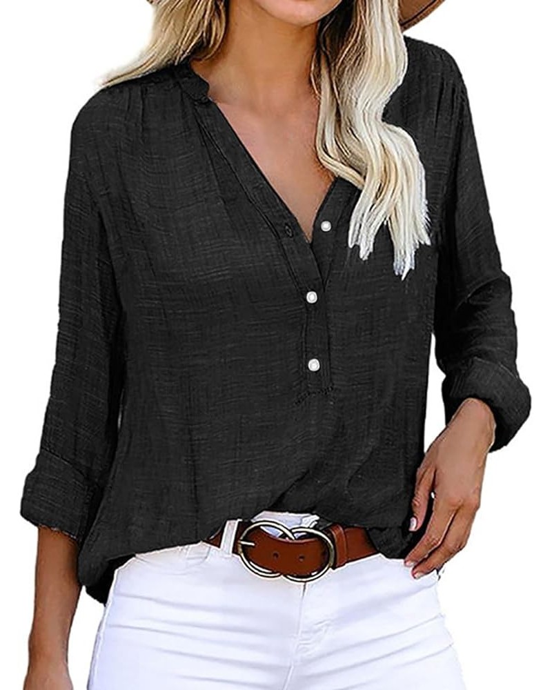 Women's Button Down Shirts Loose Single Breasted Solid Color Long Sleeve Casual Work Blouses Top V Neck Work Shirts Black $15...