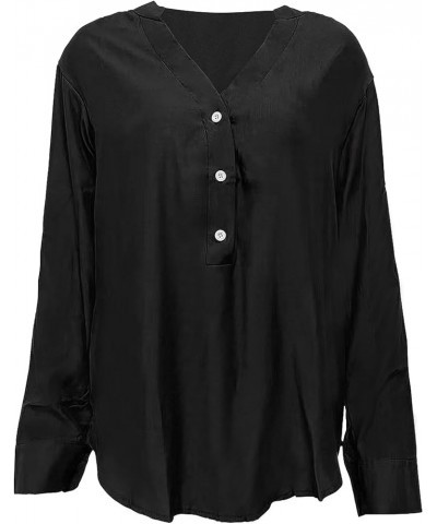 Women's Button Down Shirts Loose Single Breasted Solid Color Long Sleeve Casual Work Blouses Top V Neck Work Shirts Black $15...