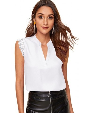 Women's Elegant Notch V Neck Sleeveless Blouse Guipure Lace Work Office Solid Top White $10.00 Blouses