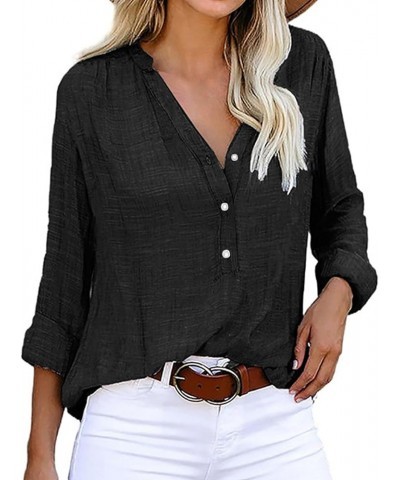 Women's Button Down Shirts Loose Single Breasted Solid Color Long Sleeve Casual Work Blouses Top V Neck Work Shirts Black $15...