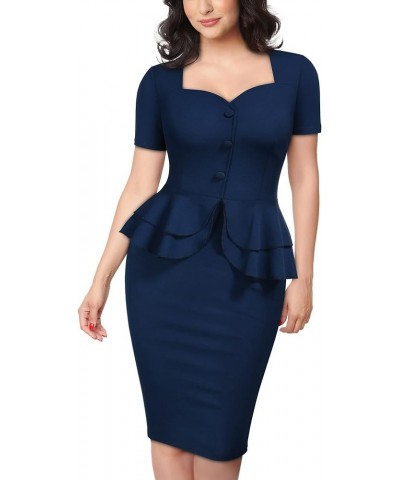 Women's 1940s Vintage Square Peplum Bodycon Cocktail Dress Navy Blue $25.64 Dresses