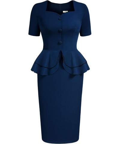 Women's 1940s Vintage Square Peplum Bodycon Cocktail Dress Navy Blue $25.64 Dresses