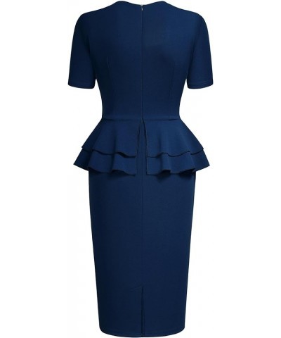 Women's 1940s Vintage Square Peplum Bodycon Cocktail Dress Navy Blue $25.64 Dresses