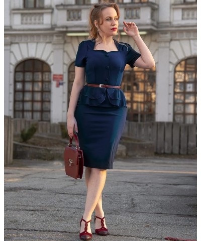 Women's 1940s Vintage Square Peplum Bodycon Cocktail Dress Navy Blue $25.64 Dresses