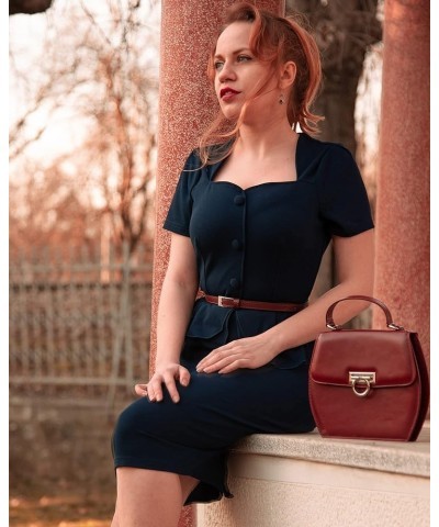 Women's 1940s Vintage Square Peplum Bodycon Cocktail Dress Navy Blue $25.64 Dresses