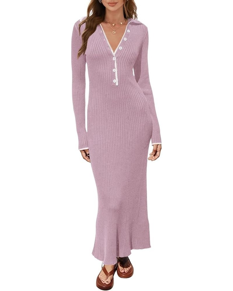 Women's Long Sleeve V Neck Sweater Maxi Dress Casual Button Ribbed Knit Slim Fit Elegant Maxi Dresses Party Clubwear Pinkish ...